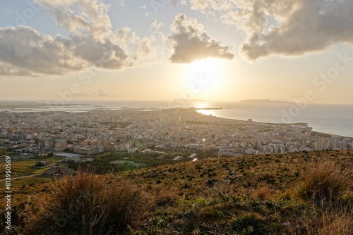 Trapani city in Sicily at nice sunset with few clouds on sky and sea