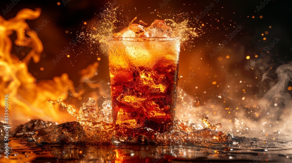 A dynamic ultra-wide shot of a cup of cola with ice surrounded by flames and splashes. A dynamic ultra-wide shot of a cup of cola with ice surrounded by flames and splashes.