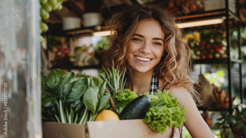 A beaming young woman holding a box filled with fresh vegetables, showcasing healthy produce with a joyful expression.