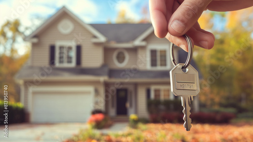 Key to new home in hand with house backdrop.