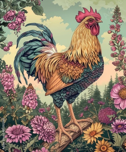 Wallpaper Mural Majestic Rooster Amidst Vibrant Garden Blossoms: A Colorful Illustration of Rural Beauty Torontodigital.ca