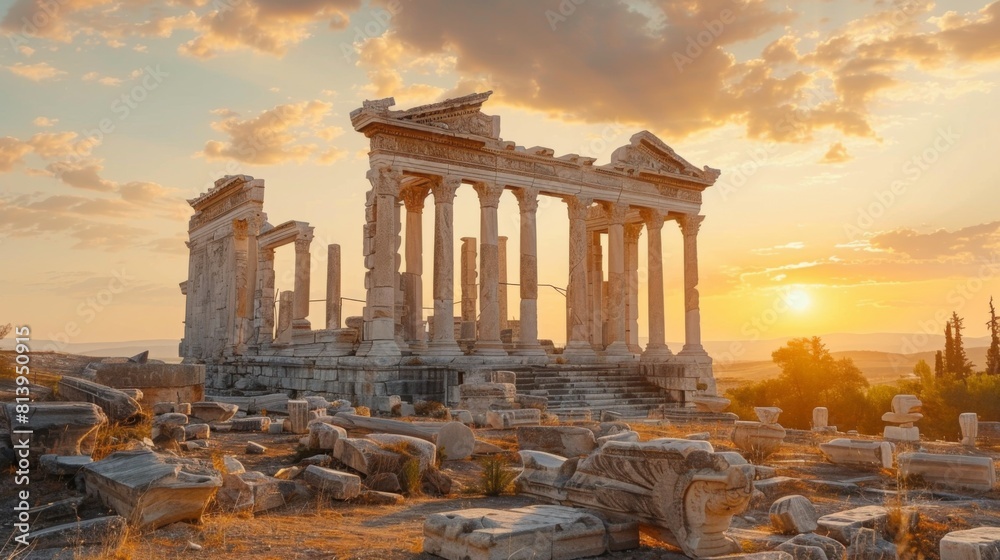 Fototapeta premium The ruins of Trajaneum, the temple on Acropolis of Bergama in Turkey, with a stunning sunset in the background.