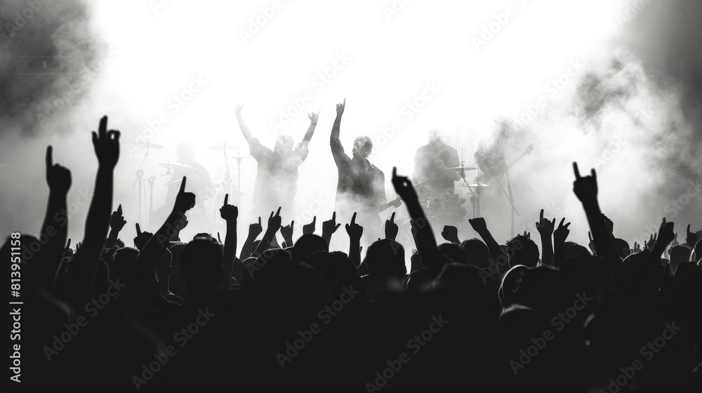 Silhouette of a crowd with people holding their hands up, possibly at a concert or event.