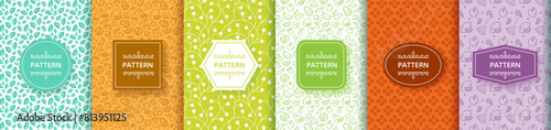 Food patterns. Healthy vegan fruit icons. Organic health diet logo. Green or detox vegetarian line floral label. Vegetable products. Botanical package stickers. Vector backgrounds set