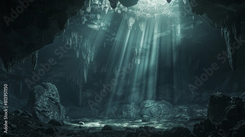 Eerie sunlight beams penetrate the darkness of a large cave, casting light on sharp stalactites and rugged rocks.
