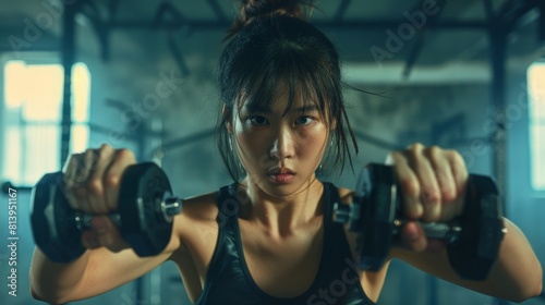 Workout Service: Strong Asian Female Training, Exercises with Dumbbells, Shadow Boxing, Fighting Imaginary Enemies, Real Injustices, Prejudices. Energetic Cinematic Close-Up Stylish Portrait.