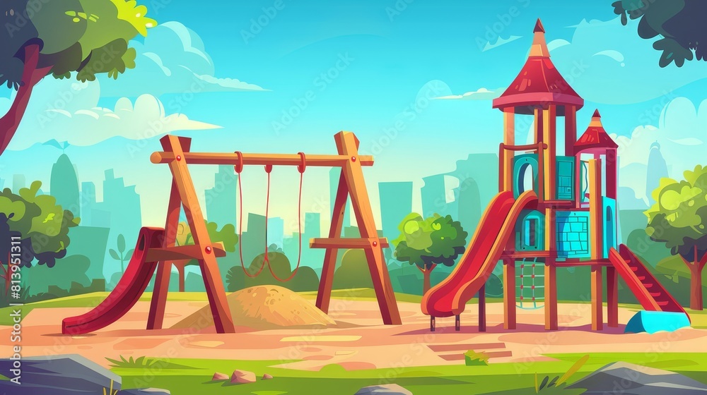 Kids playing in a playground in a kindergarten cartoon scene with a summer landscape backdrop. Ladder, sandpit, and seesaw are among the childhood activities kids enjoy.