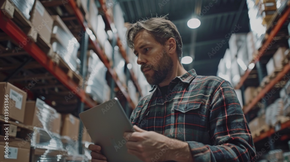 In a retail warehouse full of shelves with goods, a small business owner checks his inventory on a laptop computer. He is working in logistics, distribution center with a male colleague. In a retail warehouse full of shelves with goods, a small business owner checks his inventory on a laptop computer. He is working in logistics, distribution center with a male colleague.