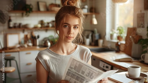 A pensive young woman reads the financial pages of a newspaper in a cozy kitchen setting with a coffee cup nearby. photo