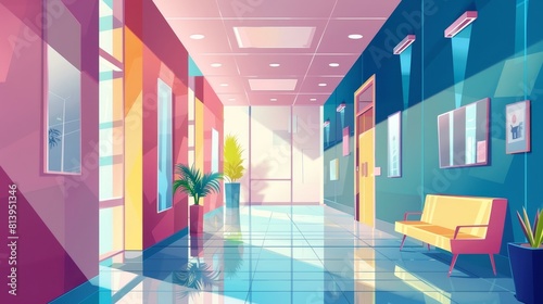 Corridor with reception cartoon modern background. Modern building lobby with glass window. Indoor lobby area design with glass window in coworking panoramic view.