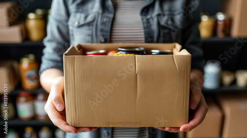 Closeup on woman's hands holding a box full of jars and food ready for donation for a local shelter photo