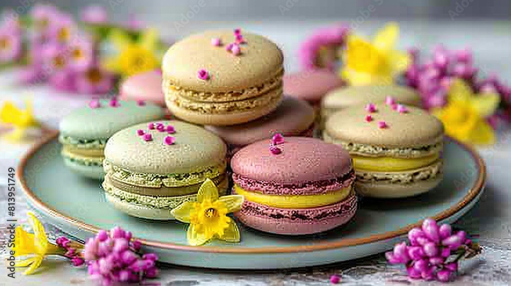 A plate topped with colorful macaroons and festive frosting, adorned with vibrant flowers A plate topped with colorful macaroons and festive frosting, adorned with vibrant flowers