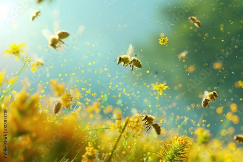 A beautiful scene of bees flying over a field of colorful flowers. Perfect for nature and gardening concepts