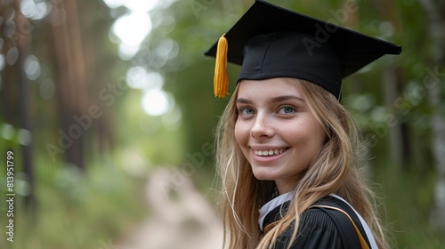 A cheerful young woman in graduation attire smiling in a natural setting, embodying accomplishment and optimism.