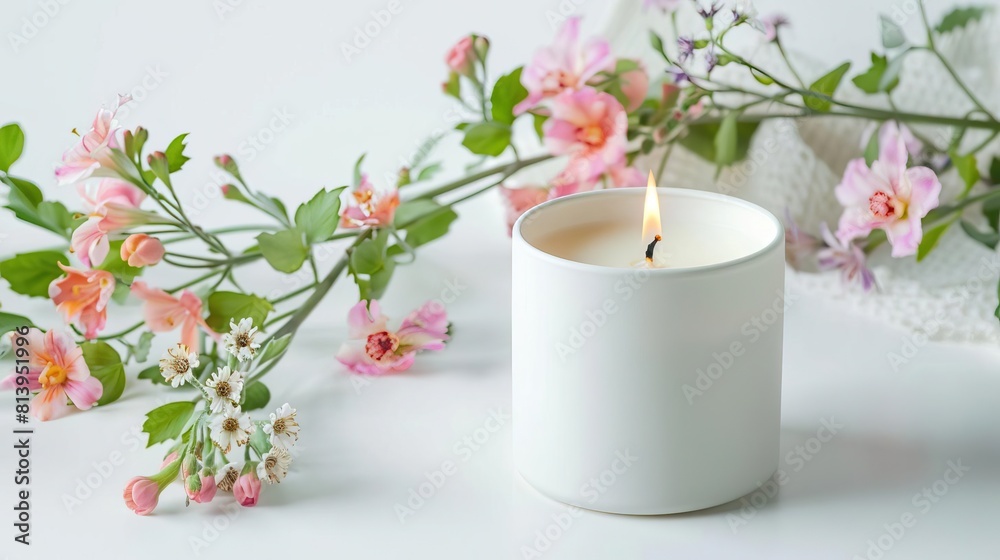 Scented candle in oversized cylindrical cup, pure white background, simple decoration, fresh flowers, marine, product photography, centered composition, fresh, authentic Scented candle in oversized cylindrical cup, pure white background, simple decoration, fresh flowers, marine, product photography, centered composition, fresh, authentic