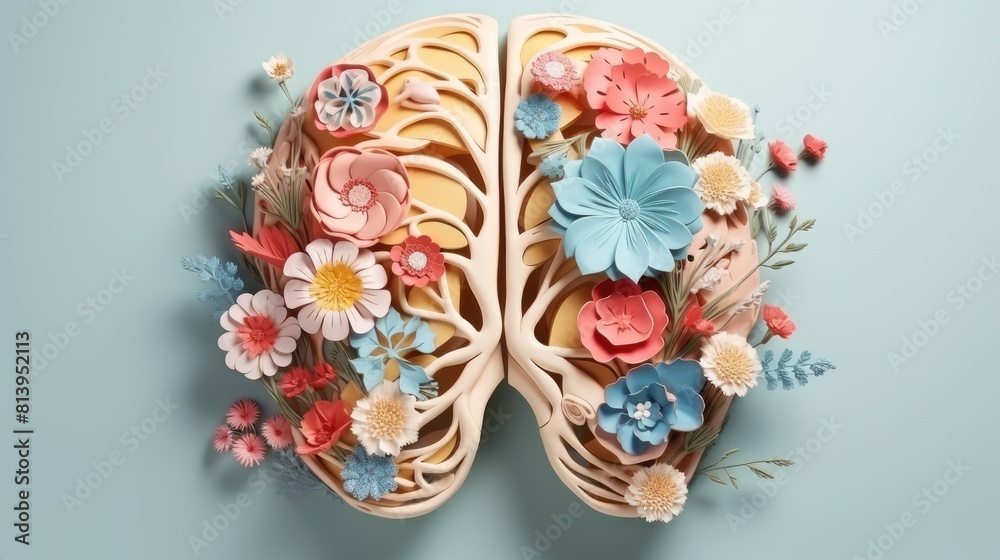human brain organ with blooming flowers