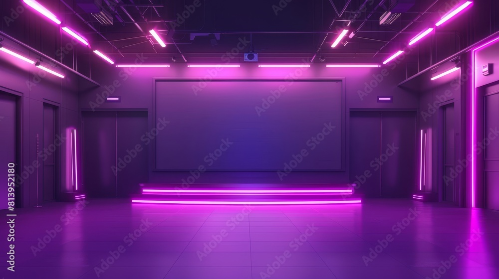 3D purple showroom interior for casino game design. Neon room with led light stage modern background. Dark abstract studio with screen night scene. Empty television room for dance party or concert.