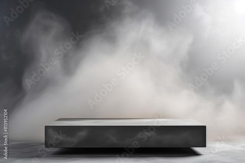 Fog-themed podium with hazy, misty surfaces, set against a minimalist, gray background, perfect for showcasing products with a mysterious and soft character. Copy space