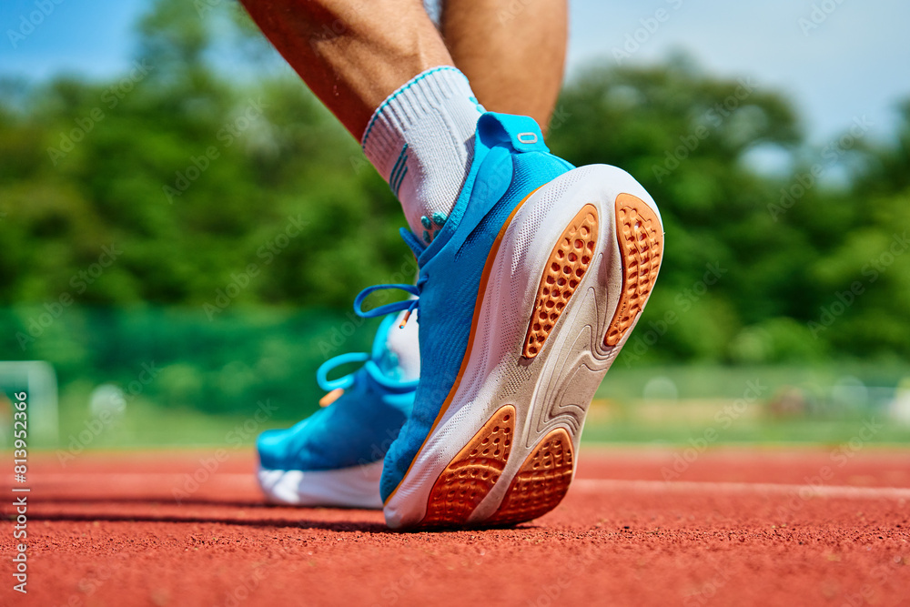 Athlete wearing bright blue running shoes on red stadium track during training. Sportsman legs in sport sneakers at racetrack. Fitness and healthy lifestyle concept