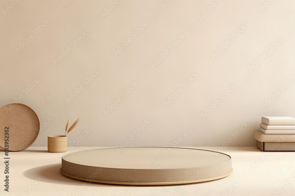 Linen-themed podium with soft, woven surfaces, set against a minimalist, beige background, perfect for showcasing products with a simple and elegant character. Copy space Linen-themed podium with soft, woven surfaces, set against a minimalist, beige background, perfect for showcasing products with a simple and elegant character. Copy space