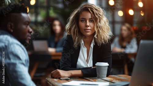 A young businesswoman focused on her laptop at a team meeting in a modern office setting with colleagues around.