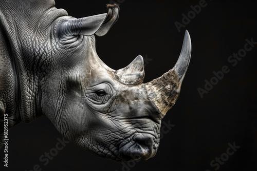 A detailed view of a rhino against a dark backdrop. Ideal for wildlife and conservation projects