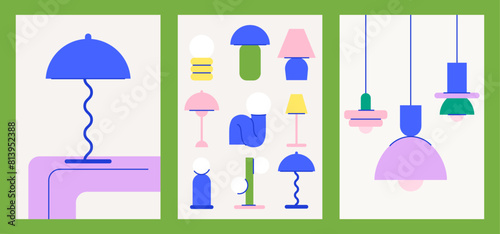 Danish design posters with lamps. Midcentury style interior prints. Retro home decor illustration