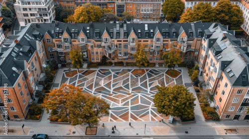 Aerial view of an urban park with geometric patterns amidst residential buildings in autumn.