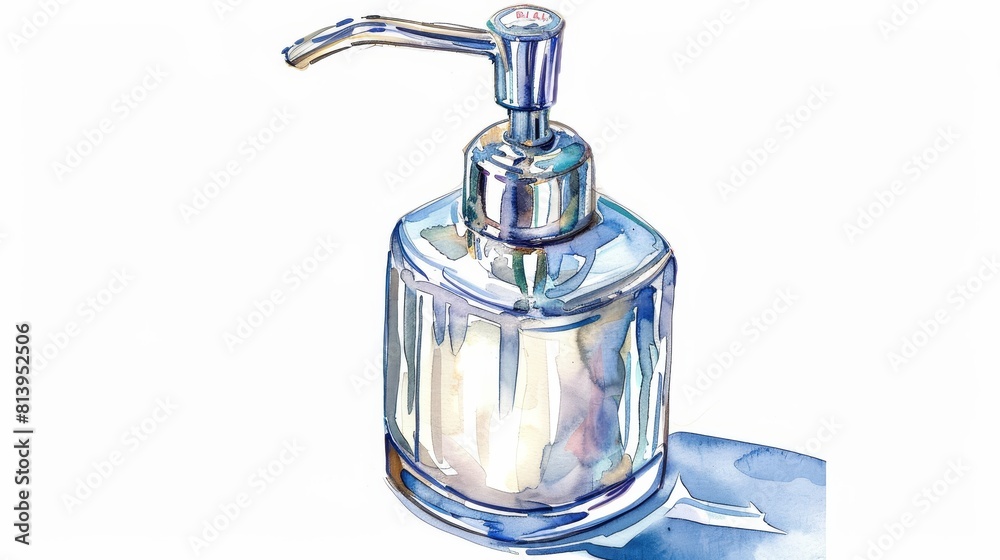The watercolor painting of a clear hand soap dispenser with a silver top. The watercolor painting of a clear hand soap dispenser with a silver top.