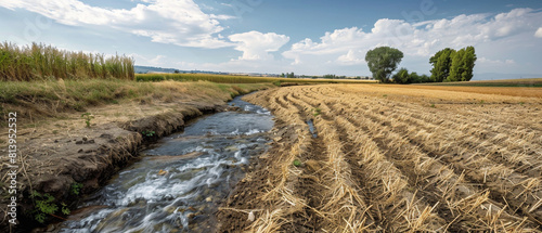 dried summer field next to a flowing creek photo