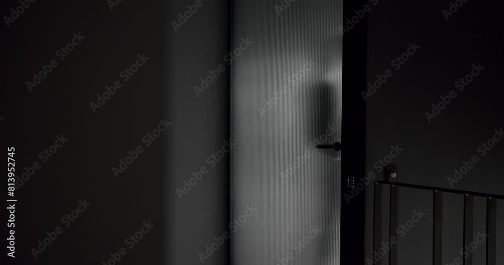 The man opens the transparent door and close it in the modern house and creates silhouettes and shadows. modern interior design with gray colors. Modern design Interior in dark black and gray colors.