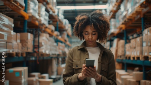 A beautiful small business owner uses her smartphone at work in the warehouse. She connects with colleagues, supports clients via the internet. photo