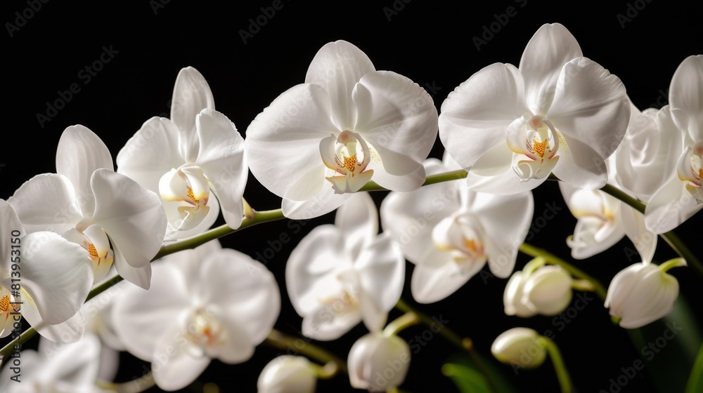 A close-up of a white orchid in mid-bloom against a dark background, highlighting its delicate petals.