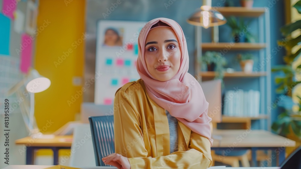 Business Woman Making a Presentation at a Creative Office on Digital Whiteboard. Excited Arab Female Discussing New Project Plan. Business Woman Making a Presentation at a Creative Office on Digital Whiteboard. Excited Arab Female Discussing New Project Plan.