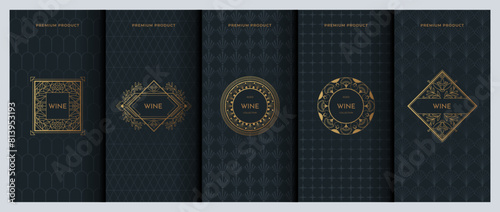 Wine label design. Premium product sticker. Jewelry ornament. Modern luxury background. Gold box package. Floral art deco frame with drink logo. Vector packaging decoration templates set