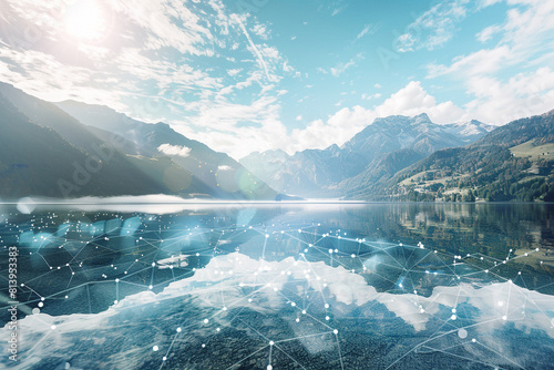 Double exposure of a crystal-clear mountain lake, with its serene surface reflecting the sky, merged with a digital mesh network, symbolizing the purity and depth of data in AI analytics.