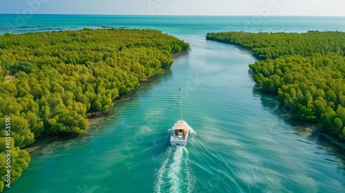 Aerial view of a boat sailing through a narrow waterway surrounded by lush greenery in Jazan Province, Saudi Arabia. photo