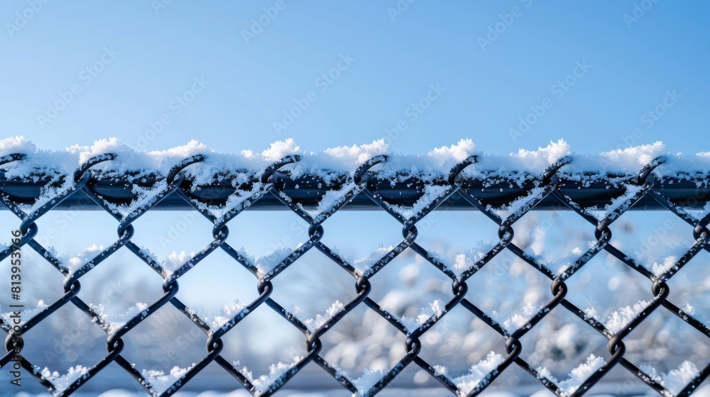 Low angle view of delicate snowflakes resting on a chain link fence against a clear blue sky. Low angle view of delicate snowflakes resting on a chain link fence against a clear blue sky.