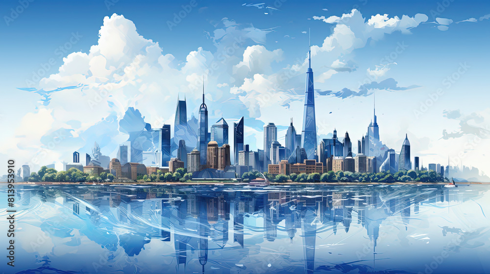 Obraz premium The Skyscrapers Reflect on Calm River Water Cityscape Vibrant Blue Color Oil Painting on Canvas
