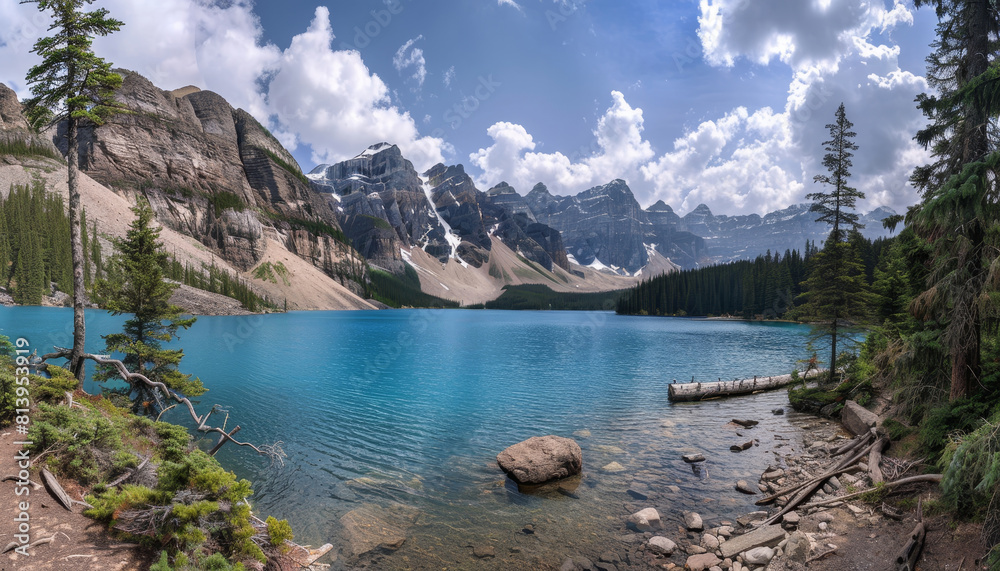 Obraz premium A beautiful mountain lake with a reflection of the mountains in the water by AI generated image