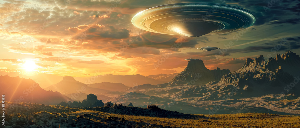 Large, glowing, alien spaceship flying through the sky above beautiful sunlit landscape Large, glowing, alien spaceship flying through the sky above beautiful sunlit landscape