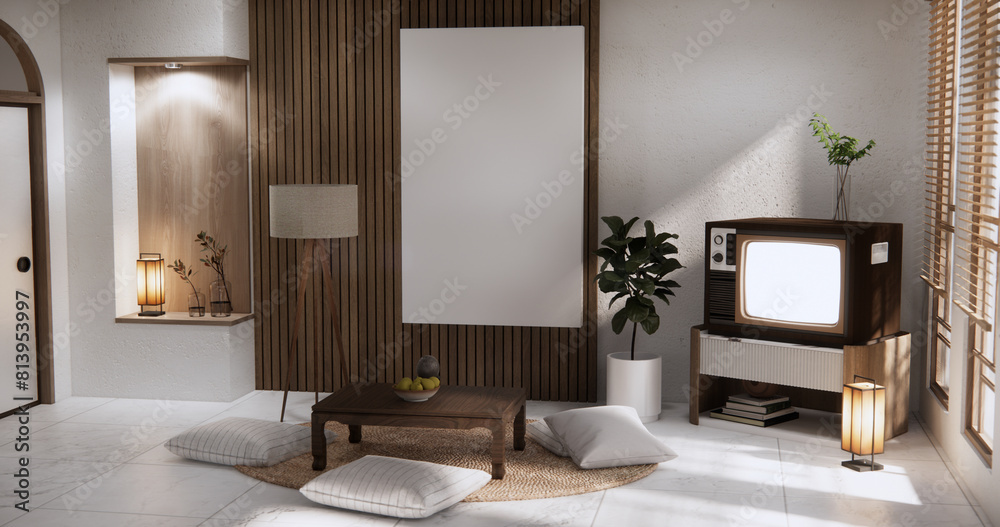 Fototapeta premium Old TV on canbinet low table in room Japanese style with lamp.
