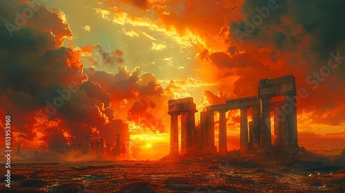 Dusk's Reverie: Archaeological Site at Sunset Inspiring Reflection on Lost Civilizations photo