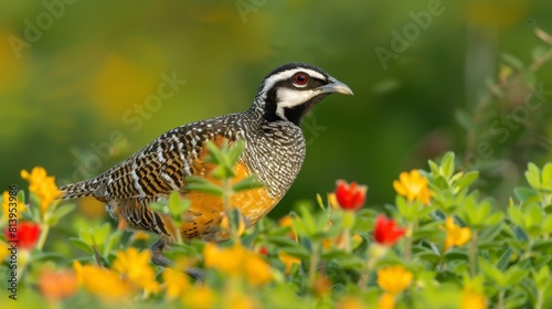 A male Northern Bobwhite quail walks among vibrant yellow and red flowers, showcasing its intricate plumage. photo