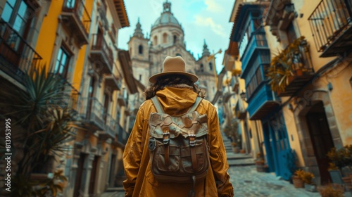 Tour guide in yellow jacket and hat, back to camera, standing in an old city street, with classic architecture in the background. © Sergey