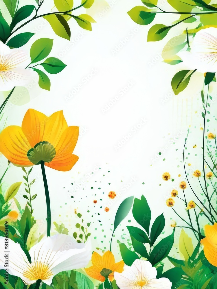 Spring background with green leaves and flowers. Vector illustration for your design