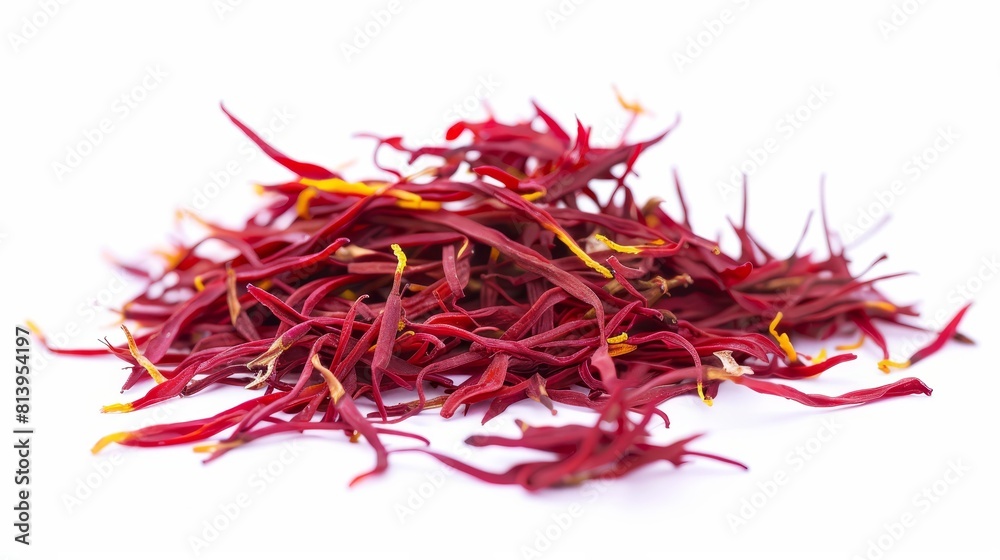 Fototapeta premium A pile of red saffron threads isolated on a white background.