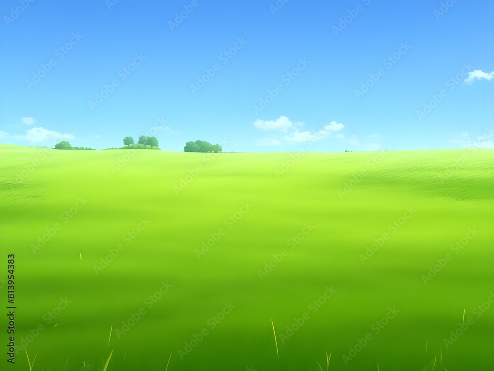 Fototapeta premium 4k Natural Meadow Grass Swayed by Wind Blow. Amazingly Beautiful Endless Fields of Green Grass Go Far to The Horizon. Grass Field is Relaxing. 3D Animation with Seamless Loop.Anime style Generative AI