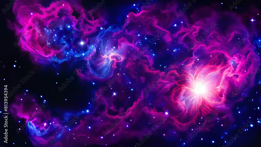 Fototapeta premium a cosmic nebula, where swirling clouds of gas and dust dance amidst the stars. Brilliant hues of pink, purple, and blue paint the celestial canvas