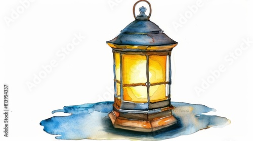 A beautiful watercolor painting of a lantern. The lantern is glowing with a warm light.